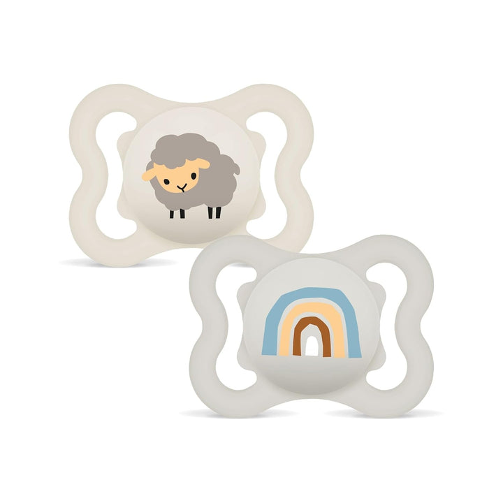 Suzete MAM Supreme, pachet de 2, suzete pentru bebeluși pentru dezvoltarea sănătoasă a dinților și a maxilarului, previne iritațiile pielii, cu cutie pentru suzetă, 0-6 luni, pasăre/margaretă