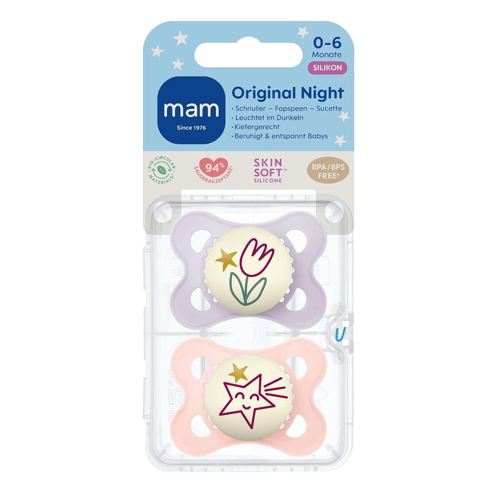 Suzetă MAM Original Night | 0-6 luni | Suzete care strălucesc în întuneric pentru nou-născuți | Acceptare 94% | Potrivite pentru alăptare | Suzete recomandate de moașe | Silicon SkinSoft | Lalea/Stea | Pachet de 2