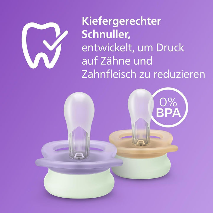 Suzetă de noapte Philips AVENT Ultra Start, suzetă ortodontică pentru nou-născuți, strălucește în întuneric, fără BPA, cu recipient de sterilizare, pachet dublu, Lună, Stea, SCF075/07