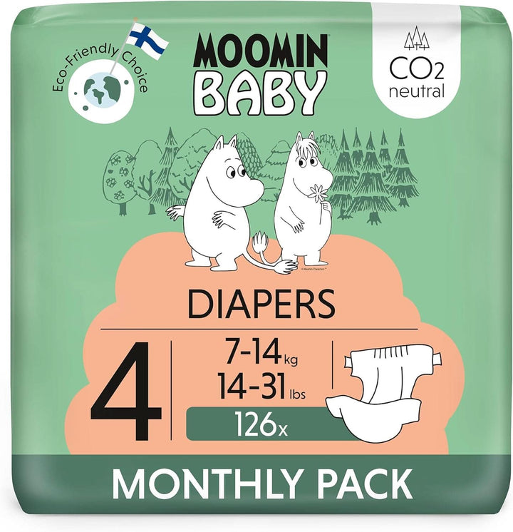 Muumi Baby Newborn Eco Nappies mărimea 1, 2-5 kg, 25 bucăți, scutece premium moi cu indicator de umezeală Mama si Copilul Naty Shop 4, 7-14kg, 126 bucăți
