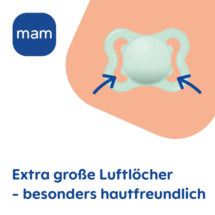 Suzete MAM Supreme, pachet de 2, suzete pentru bebeluși pentru dezvoltarea sănătoasă a dinților și a maxilarului, previne iritațiile pielii, cu cutie pentru suzetă, 0-6 luni, pasăre/margaretă