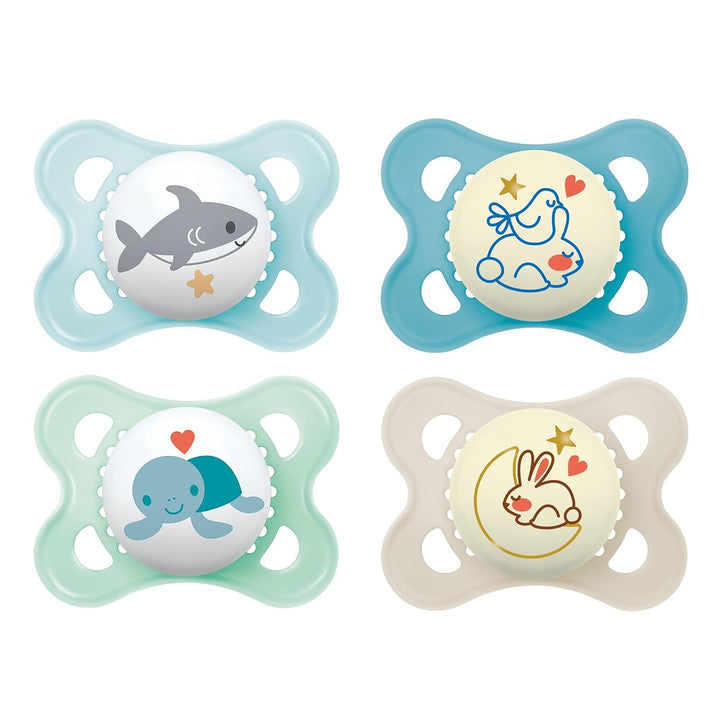 Suzetă MAM Original Night | 0-6 luni | Suzete care strălucesc în întuneric pentru nou-născuți | Acceptare 94% | Potrivite pentru alăptare | Suzete recomandate de moașe | Silicon SkinSoft | Lalea/Stea | Pachet de 2