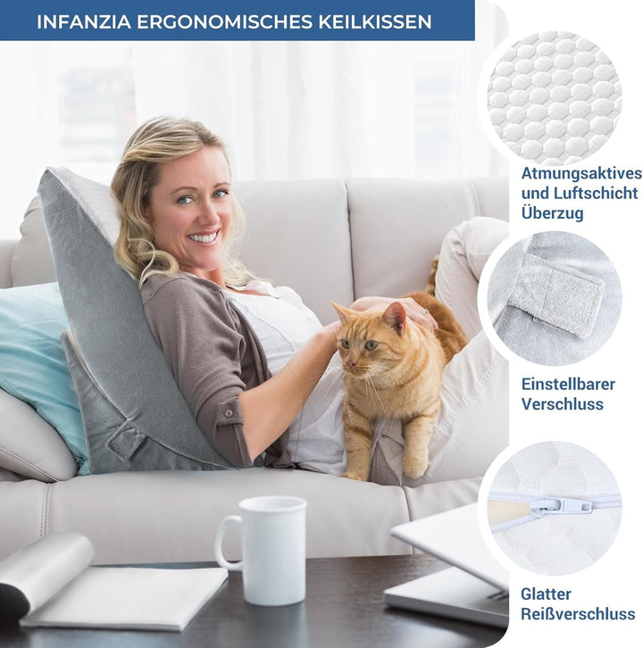 Pernă cu pană reglabilă, pernă de citit din spumă de înaltă densitate cu rolă de gât pentru pat și canapea, pană ergonomică pentru pat pentru apnee de reflux în somn, pernă pentru picioare, pernă pentru spate pentru citit, jucat sau vizionat la televizor