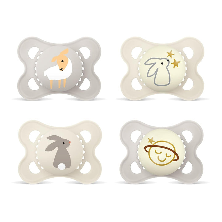 Suzetă MAM Original Night | 0-6 luni | Suzete care strălucesc în întuneric pentru nou-născuți | Acceptare 94% | Potrivite pentru alăptare | Suzete recomandate de moașe | Silicon SkinSoft | Lalea/Stea | Pachet de 2