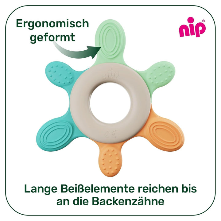 nip – Inel de dentiție | Inel de dentiție sustenabil pentru bebeluși de la 3 luni, fabricat din peste 65% materii prime naturale. Pentru masajul ușor al gingiilor, limbii și dinților | Roșu/Verde/Portocaliu
