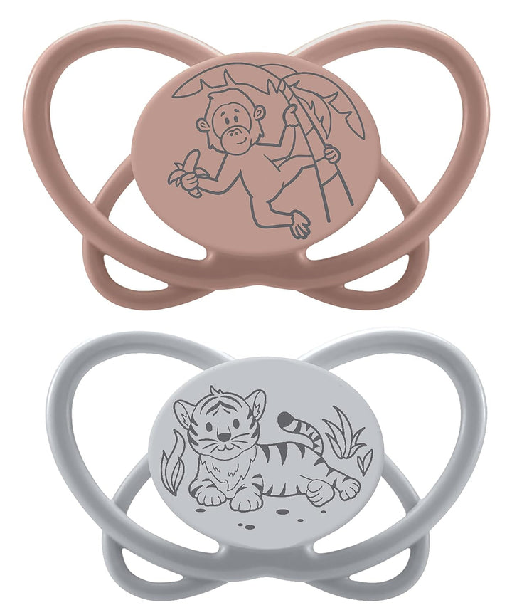 nip - Butterfly | 0-6 luni | Pachet de 2 | Suzetă pentru bebeluși, prietenoasă cu alăptarea și cu dinții, inclusiv cutie pentru suzetă. Suzetă sustenabilă cu tetină din silicon moale, aparat de pârțit/Mick Brother