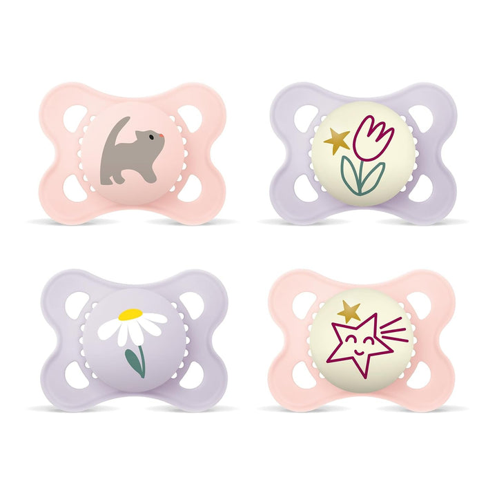 Suzetă MAM Original Night | 0-6 luni | Suzete care strălucesc în întuneric pentru nou-născuți | Acceptare 94% | Potrivite pentru alăptare | Suzete recomandate de moașe | Silicon SkinSoft | Lalea/Stea | Pachet de 2