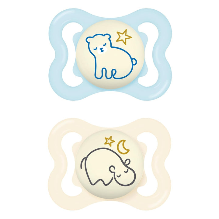 Suzete MAM Supreme, pachet de 2, suzete pentru bebeluși pentru dezvoltarea sănătoasă a dinților și a maxilarului, previne iritațiile pielii, cu cutie pentru suzetă, 0-6 luni, pasăre/margaretă