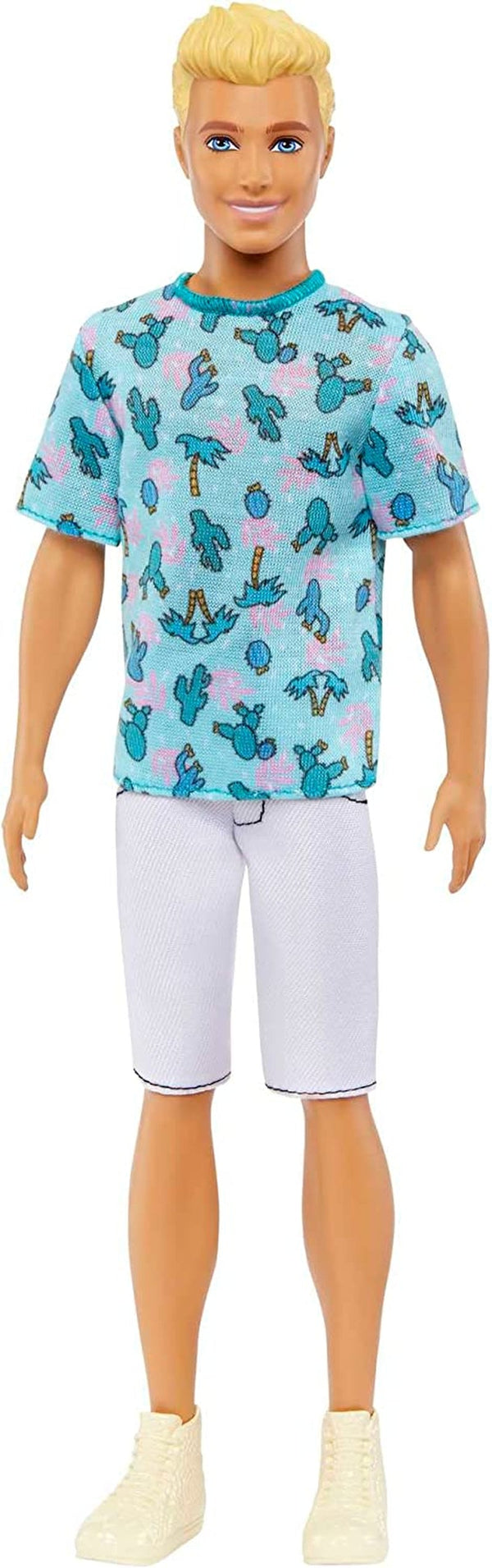 Păpușă Barbie Ken Fashionistas - tricou cu imprimeu de cactus și palmier, pantaloni scurți albi și adidași, perfect pentru aventuri cu prietenii și plimbări prin oraș, pentru copii de la 3 ani în sus, HJT10 Papusi Naty Shop Cămașă albastră Ken