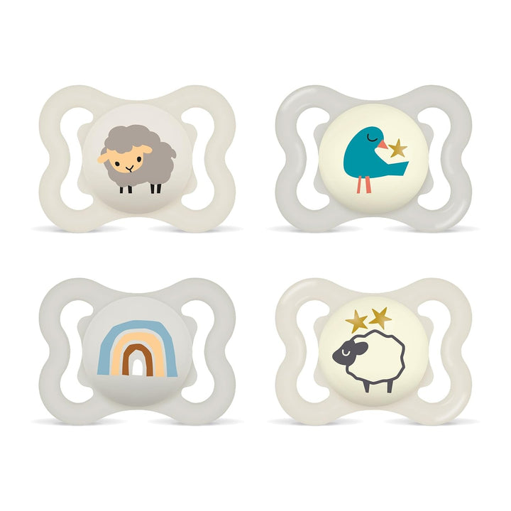 Suzete MAM Supreme, pachet de 2, suzete pentru bebeluși pentru dezvoltarea sănătoasă a dinților și a maxilarului, previne iritațiile pielii, cu cutie pentru suzetă, 0-6 luni, pasăre/margaretă