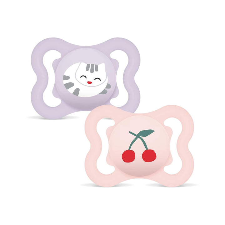 Suzete MAM Supreme, pachet de 2, suzete pentru bebeluși pentru dezvoltarea sănătoasă a dinților și a maxilarului, previne iritațiile pielii, cu cutie pentru suzetă, 0-6 luni, pasăre/margaretă