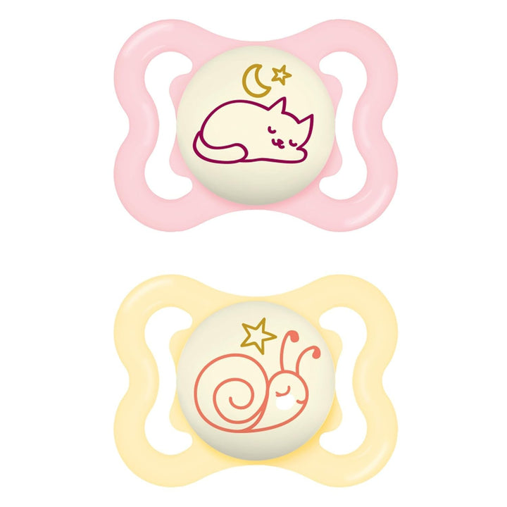 Suzete MAM Supreme, pachet de 2, suzete pentru bebeluși pentru dezvoltarea sănătoasă a dinților și a maxilarului, previne iritațiile pielii, cu cutie pentru suzetă, 0-6 luni, pasăre/margaretă