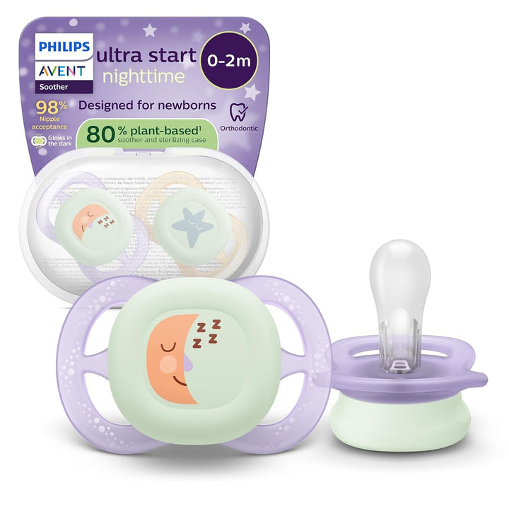 Suzetă de noapte Philips AVENT Ultra Start, suzetă ortodontică pentru nou-născuți, strălucește în întuneric, fără BPA, cu recipient de sterilizare, pachet dublu, Lună, Stea, SCF075/07