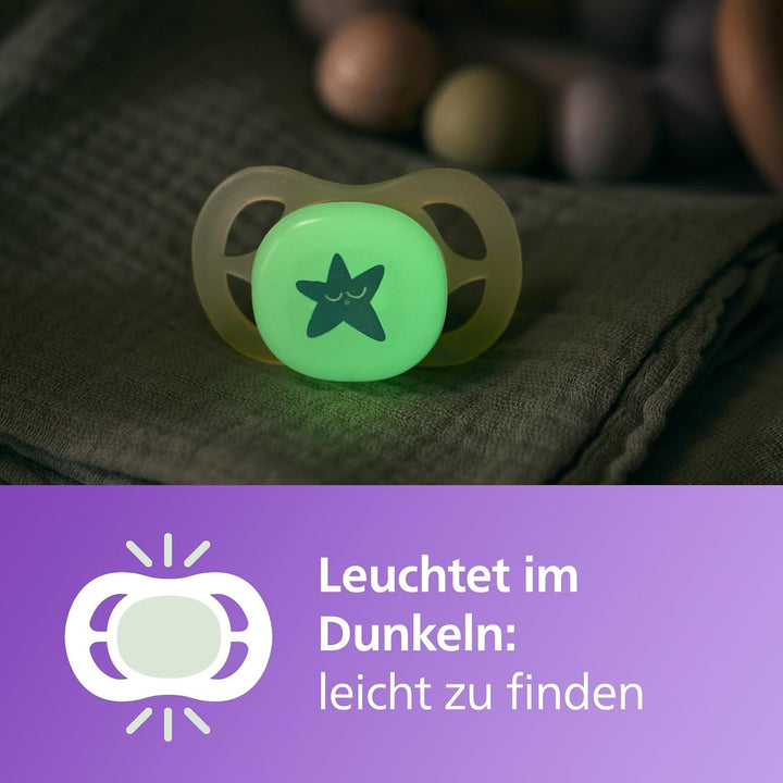 Suzetă de noapte Philips AVENT Ultra Start, suzetă ortodontică pentru nou-născuți, strălucește în întuneric, fără BPA, cu recipient de sterilizare, pachet dublu, Lună, Stea, SCF075/07