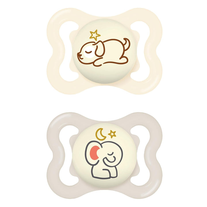 Suzete MAM Supreme, pachet de 2, suzete pentru bebeluși pentru dezvoltarea sănătoasă a dinților și a maxilarului, previne iritațiile pielii, cu cutie pentru suzetă, 0-6 luni, pasăre/margaretă