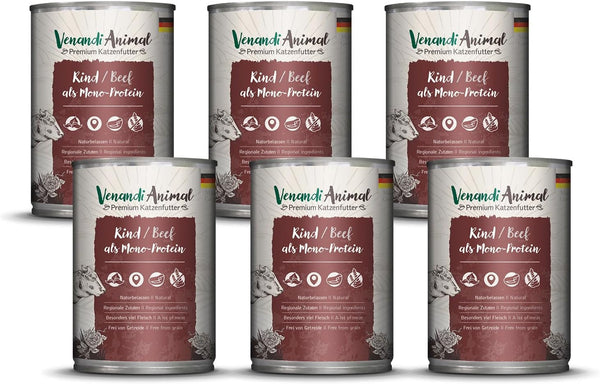 Venandi Animal - Hrană umedă premium pentru pisici - Beef as monoprotein 6-pack (6 X 400 G), fără cereale, monoproteină
