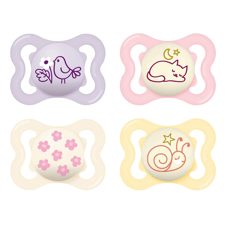 Suzete MAM Supreme, pachet de 2, suzete pentru bebeluși pentru dezvoltarea sănătoasă a dinților și a maxilarului, previne iritațiile pielii, cu cutie pentru suzetă, 0-6 luni, pasăre/margaretă