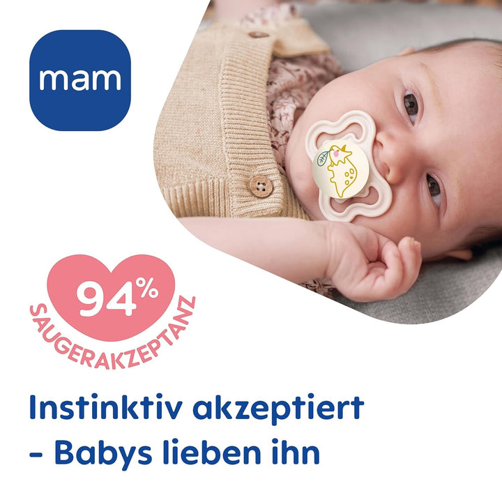 Suzete MAM Supreme, pachet de 2, suzete pentru bebeluși pentru dezvoltarea sănătoasă a dinților și a maxilarului, previne iritațiile pielii, cu cutie pentru suzetă, 0-6 luni, pasăre/margaretă