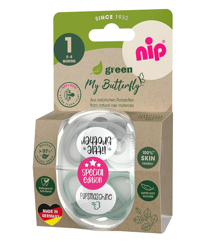 nip - Butterfly | 0-6 luni | Pachet de 2 | Suzetă pentru bebeluși, prietenoasă cu alăptarea și cu dinții, inclusiv cutie pentru suzetă. Suzetă sustenabilă cu tetină din silicon moale, aparat de pârțit/Mick Brother