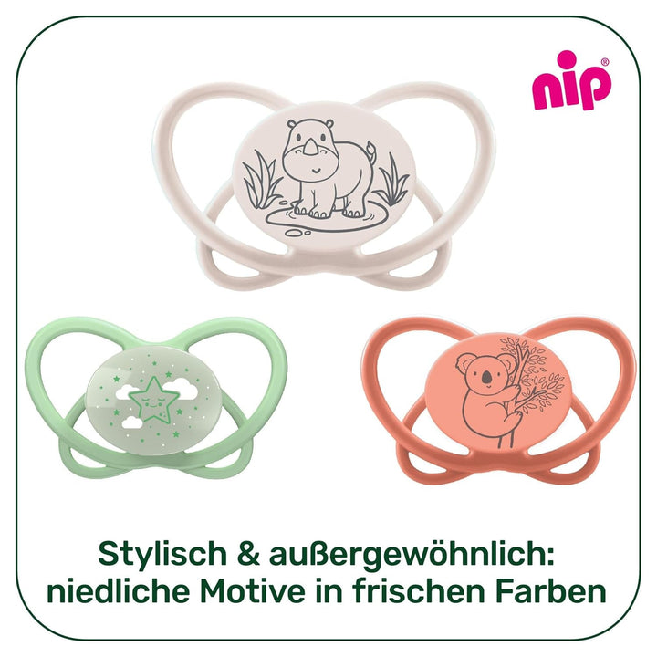 nip - Butterfly | 0-6 luni | Pachet de 2 | Suzetă pentru bebeluși, prietenoasă cu alăptarea și cu dinții, inclusiv cutie pentru suzetă. Suzetă sustenabilă cu tetină din silicon moale, aparat de pârțit/Mick Brother