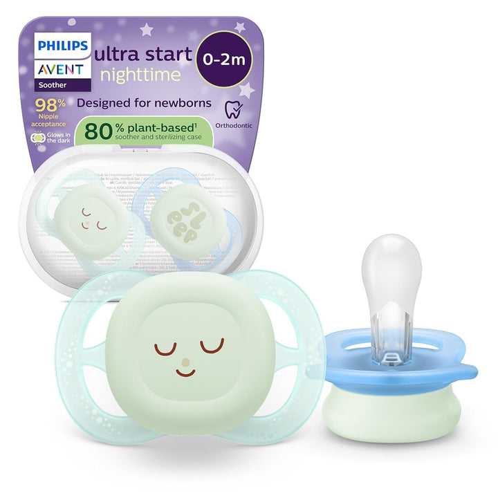 Suzetă de noapte Philips AVENT Ultra Start, suzetă ortodontică pentru nou-născuți, strălucește în întuneric, fără BPA, cu recipient de sterilizare, pachet dublu, Lună, Stea, SCF075/07