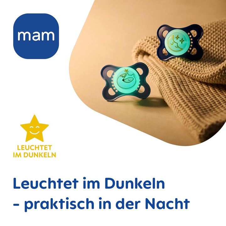 Suzetă MAM Original Night | 0-6 luni | Suzete care strălucesc în întuneric pentru nou-născuți | Acceptare 94% | Potrivite pentru alăptare | Suzete recomandate de moașe | Silicon SkinSoft | Lalea/Stea | Pachet de 2