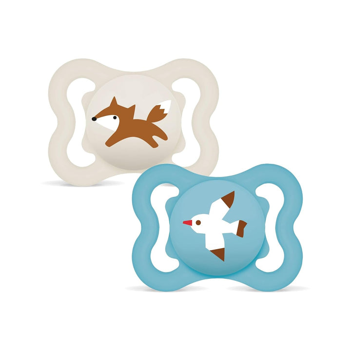 Suzete MAM Supreme, pachet de 2, suzete pentru bebeluși pentru dezvoltarea sănătoasă a dinților și a maxilarului, previne iritațiile pielii, cu cutie pentru suzetă, 0-6 luni, pasăre/margaretă