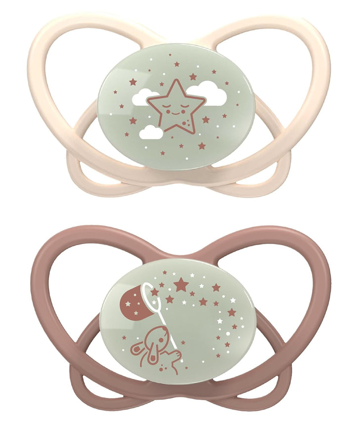 nip - Butterfly | 0-6 luni | Pachet de 2 | Suzetă pentru bebeluși, prietenoasă cu alăptarea și cu dinții, inclusiv cutie pentru suzetă. Suzetă sustenabilă cu tetină din silicon moale, aparat de pârțit/Mick Brother