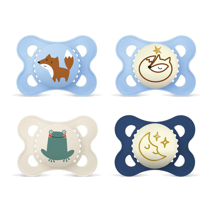 Suzetă MAM Original Night | 0-6 luni | Suzete care strălucesc în întuneric pentru nou-născuți | Acceptare 94% | Potrivite pentru alăptare | Suzete recomandate de moașe | Silicon SkinSoft | Lalea/Stea | Pachet de 2