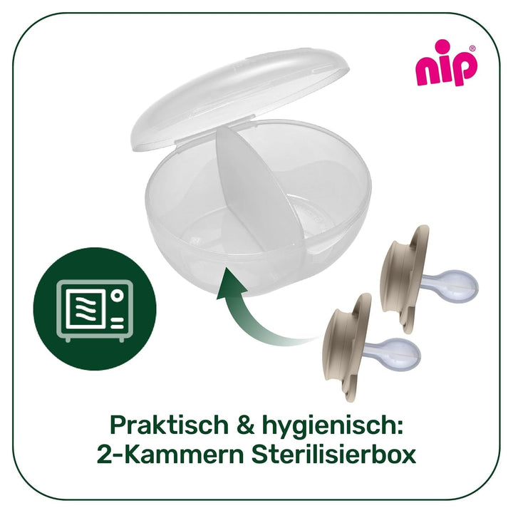 nip - Butterfly | 0-6 luni | Pachet de 2 | Suzetă pentru bebeluși, prietenoasă cu alăptarea și cu dinții, inclusiv cutie pentru suzetă. Suzetă sustenabilă cu tetină din silicon moale, aparat de pârțit/Mick Brother