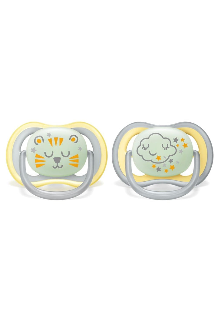 Suzetă Philips AVENT Ultra Air Nighttime pentru bebeluși peste 18 luni, strălucește în întuneric, pachet dublu, nor/tigru (model SCF376/01)