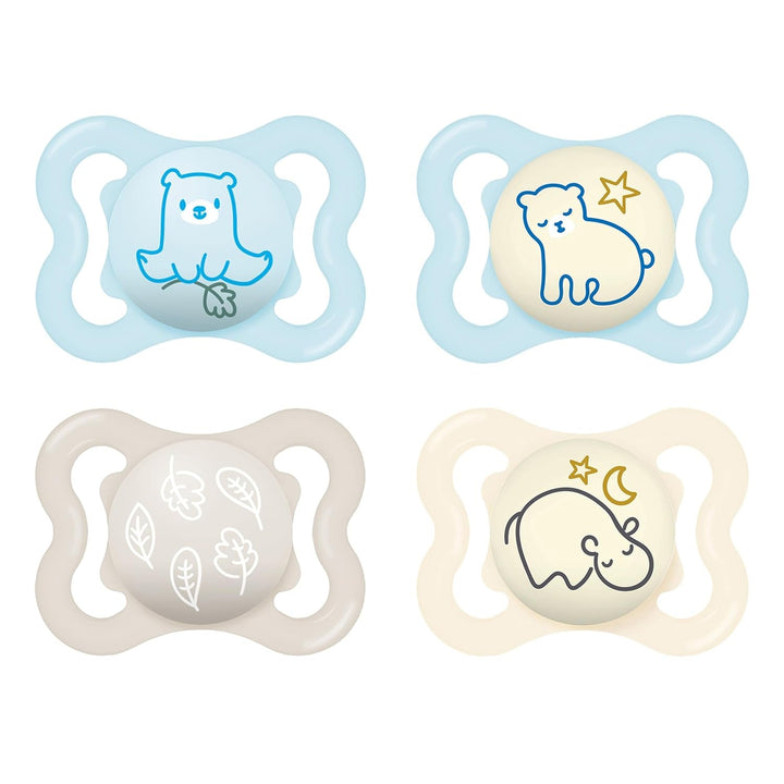 Suzete MAM Supreme, pachet de 2, suzete pentru bebeluși pentru dezvoltarea sănătoasă a dinților și a maxilarului, previne iritațiile pielii, cu cutie pentru suzetă, 0-6 luni, pasăre/margaretă