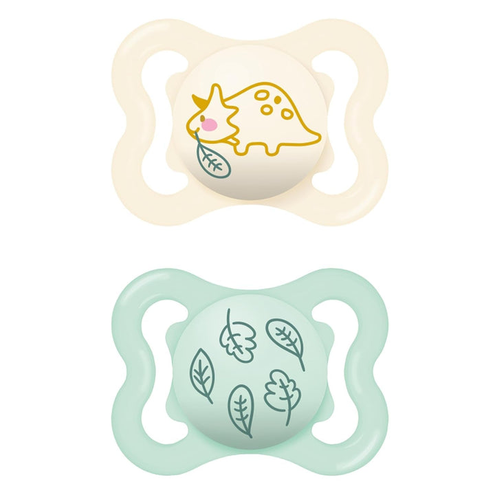 Suzete MAM Supreme, pachet de 2, suzete pentru bebeluși pentru dezvoltarea sănătoasă a dinților și a maxilarului, previne iritațiile pielii, cu cutie pentru suzetă, 0-6 luni, pasăre/margaretă