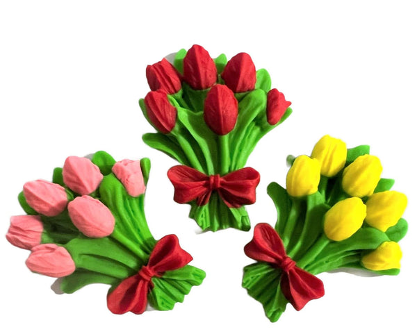 Set 3 decoratiuni comestibile din zahar, Buchet de lalele Decoratiuni din Pasta de Zahar Nati Shop