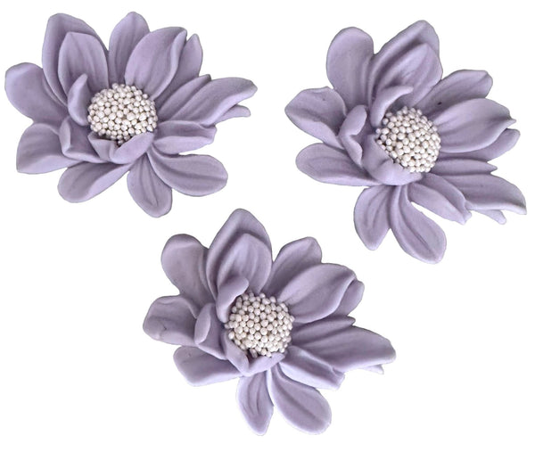 Set 3 decoratiuni comestibile din zahar, Flori mov lila Decoratiuni din Pasta de Zahar Nati Shop